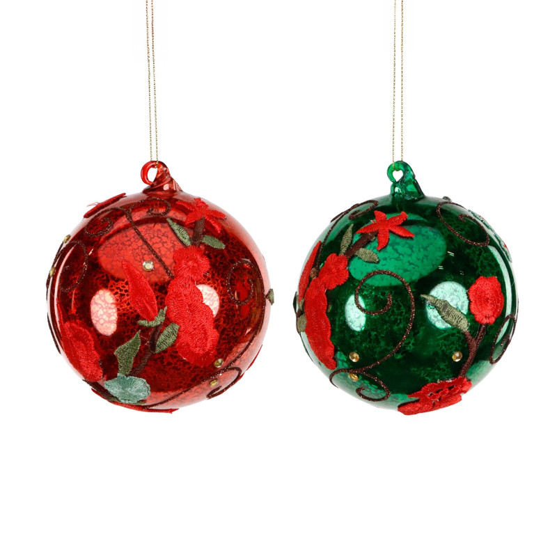 GLSS EMBR.FLOWER BALL ASS/2 RD/GRN 10CM
