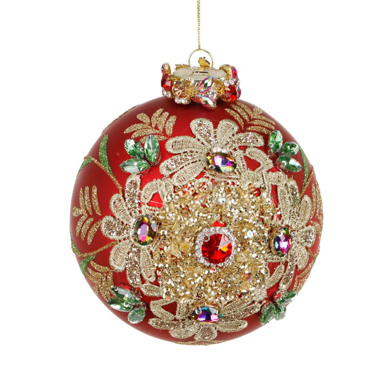 GLSS 3D JEWEL LACE BALL RD/GLD 12CM