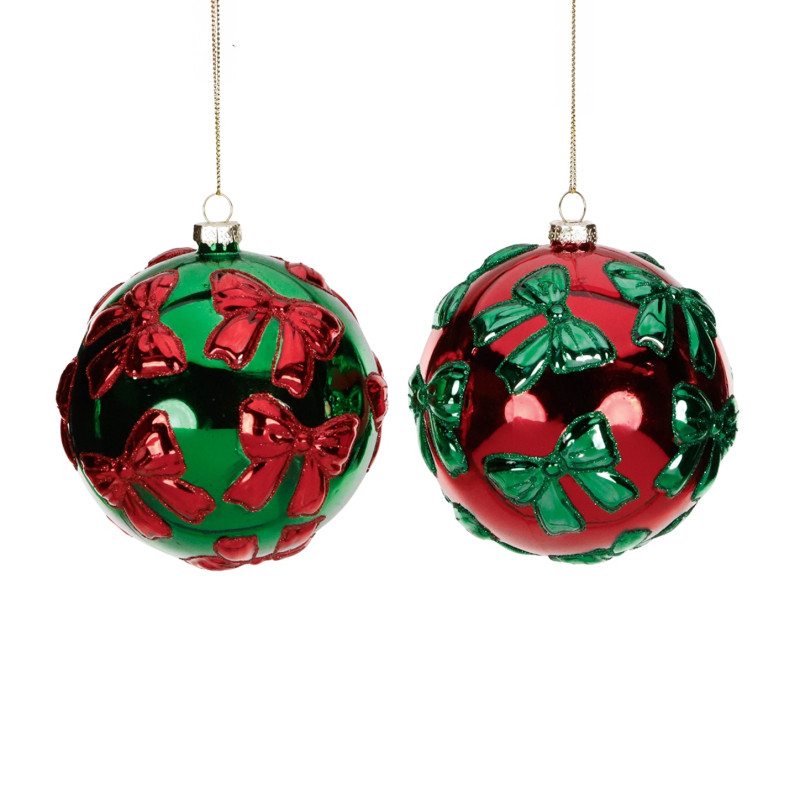 GLSS BOW COVERED BALL ASS/2 RD/GRN 10CM