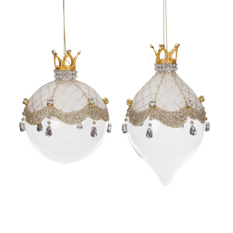 GLSS CROWN JEWEL BALL/FIN.ORN ASS/2 WH/GLD 14CM