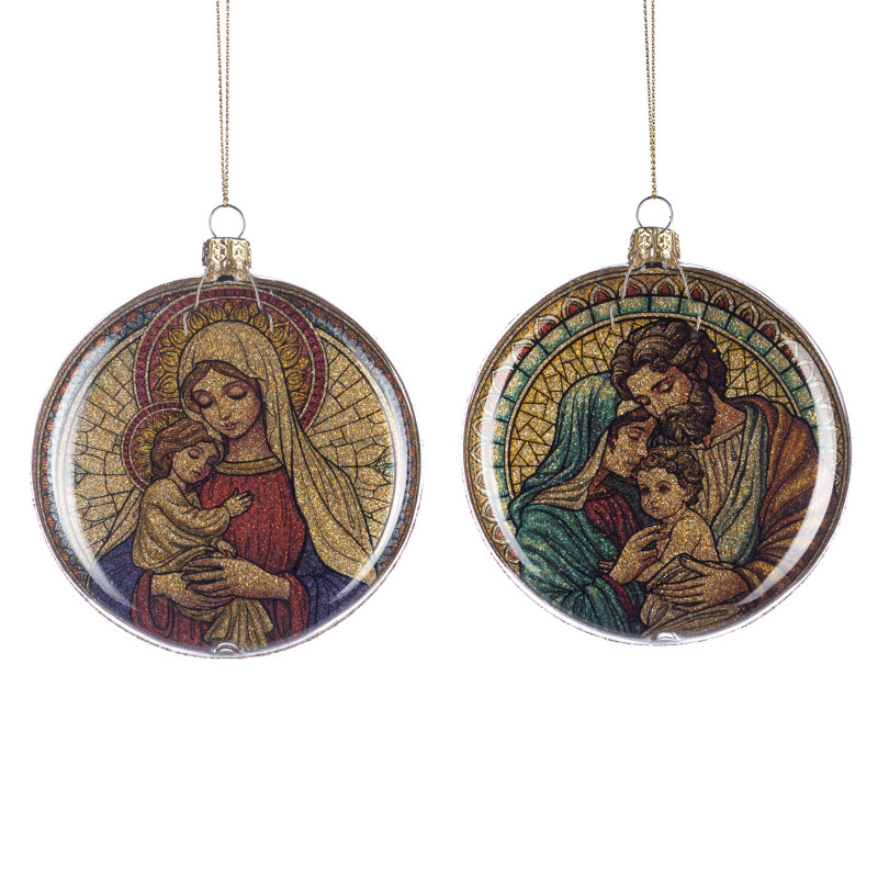 GLSS HOLY FAMILY/MARY DISC ORN ASS/2 GLD/RD 10CM