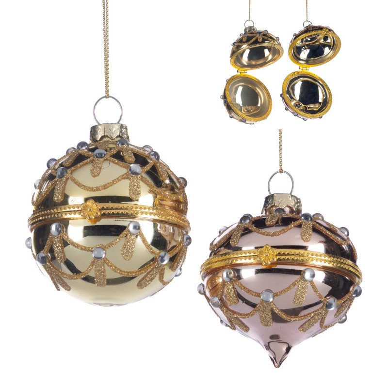 +GLSS JEWEL BALL/ONION BOX ORN ASS/2 GLD/CHAMP 8CM