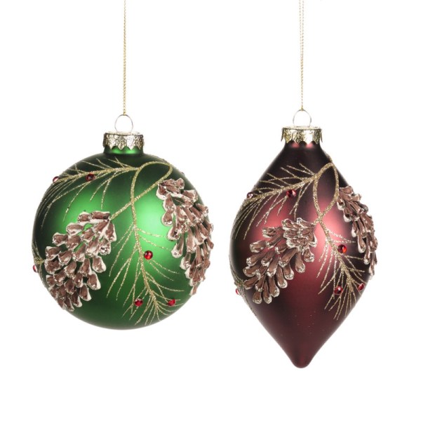 + GLSS 3D PINECONE BALL/FIN.ORN ASS/2 RD/GRN 14CM