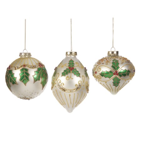 + GLSS HOLLY/SWAG BALL/FIN.ORN ASS/3 WH/GRN 15CM