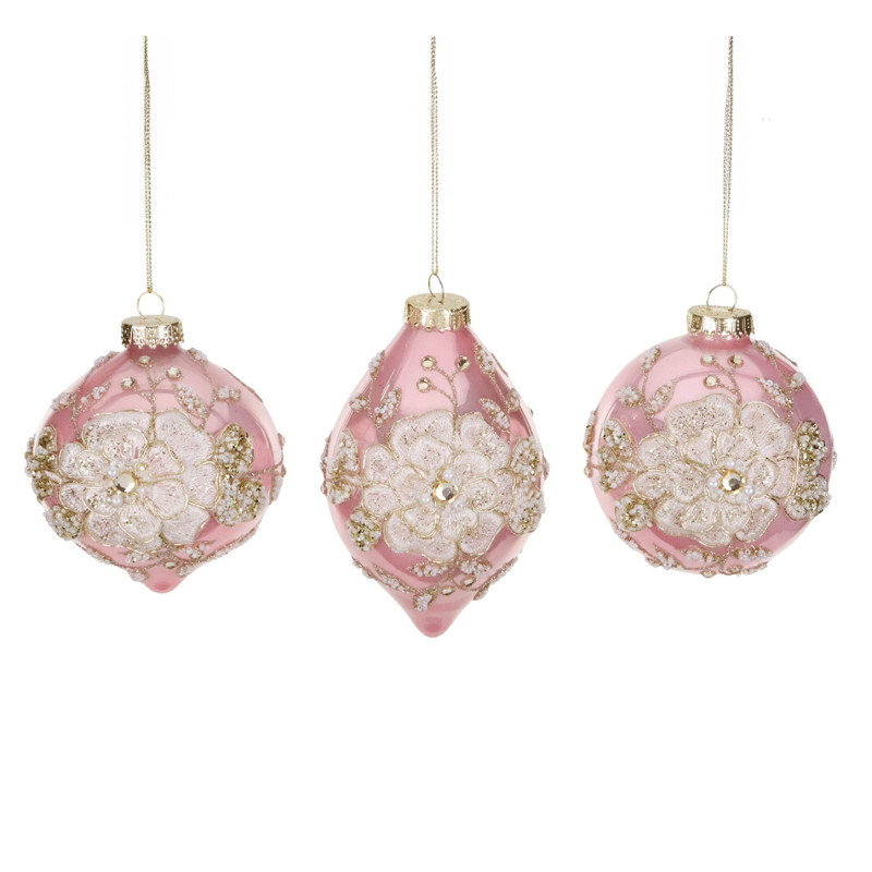 GLSS 3D LACE FLOWER BALL/FIN.ORN ASS/3 PNK/CRM 10CM