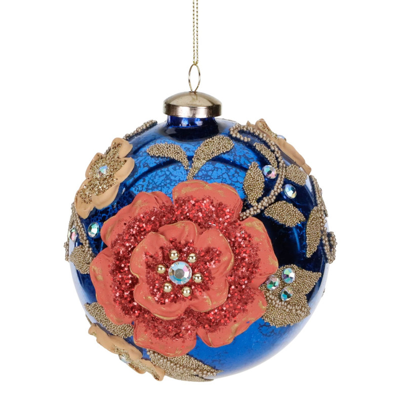 GLSS 3D JEWEL FLOWER BALL BLU/RD/GLD 12CM