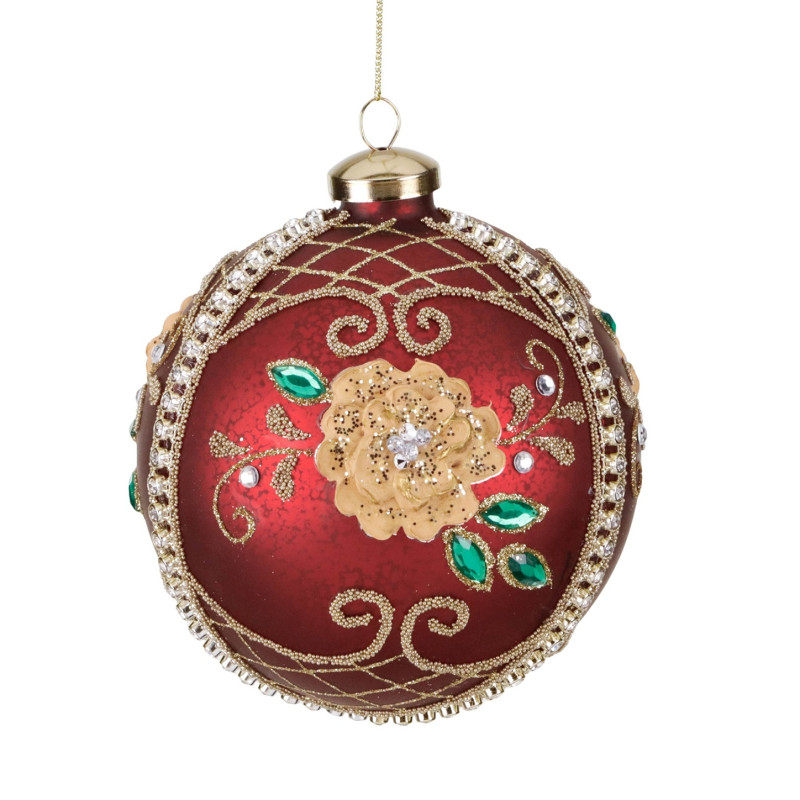 GLSS 3D JEWEL FLOWER BALL RD/GLD/GRN 12CM