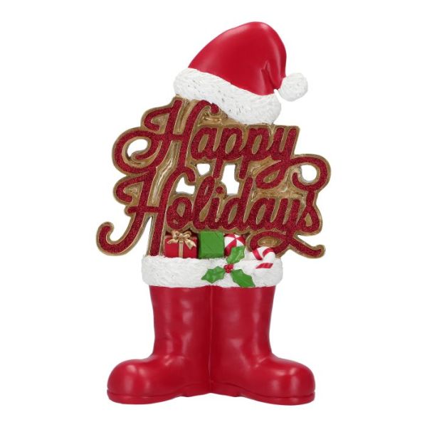 Boots with happy holidays sign