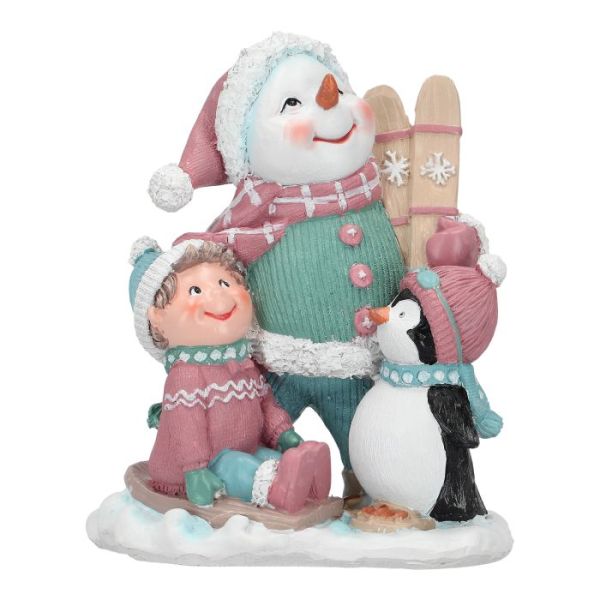 Scenery with kid, snowman and pinguin poly