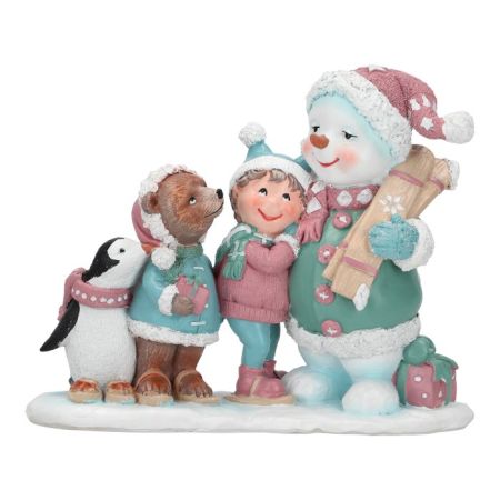 Scenery snowman and kid skiing poly