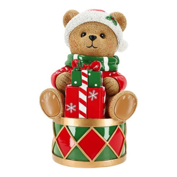 Bear on drum with gifts 31,5cm poly